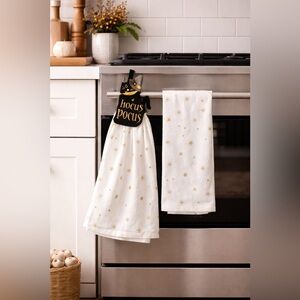 Hocus Pocus Halloween Hanging Hand Towels Set of 2 Black Gold NWOT